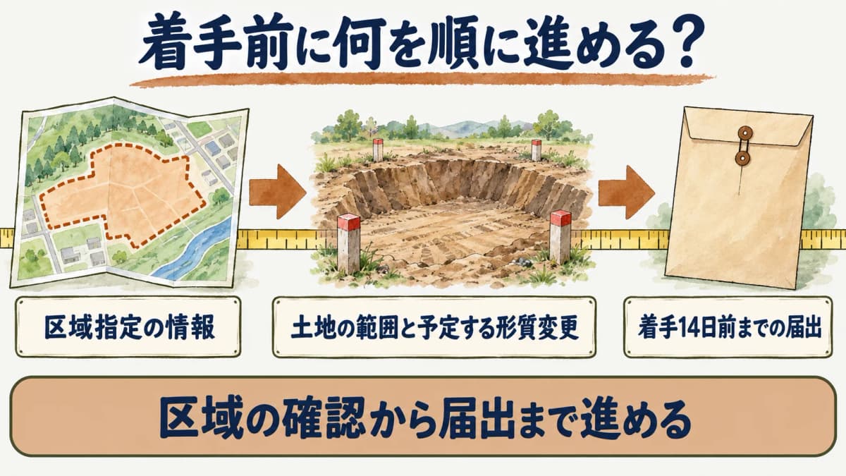 区域確認から着手前届出までの順序を示す図