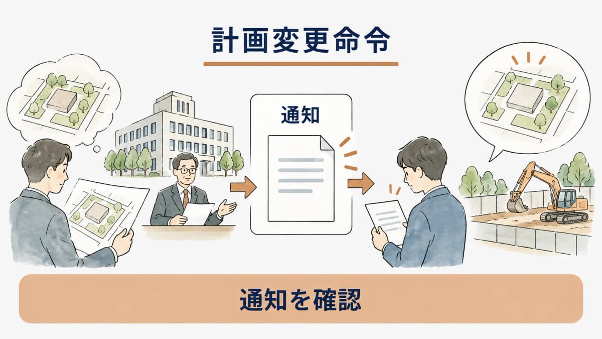 届出後の施行方法と計画変更命令を示す図