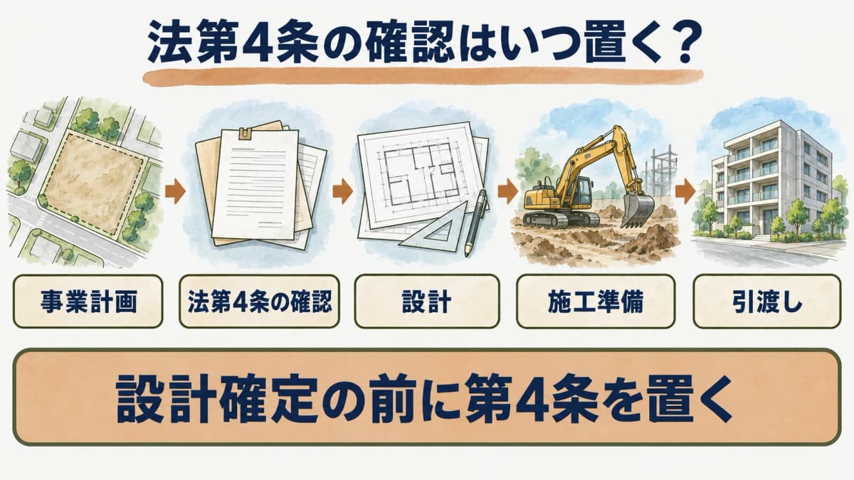 再開発工程の早い段階に法4条確認を置く図