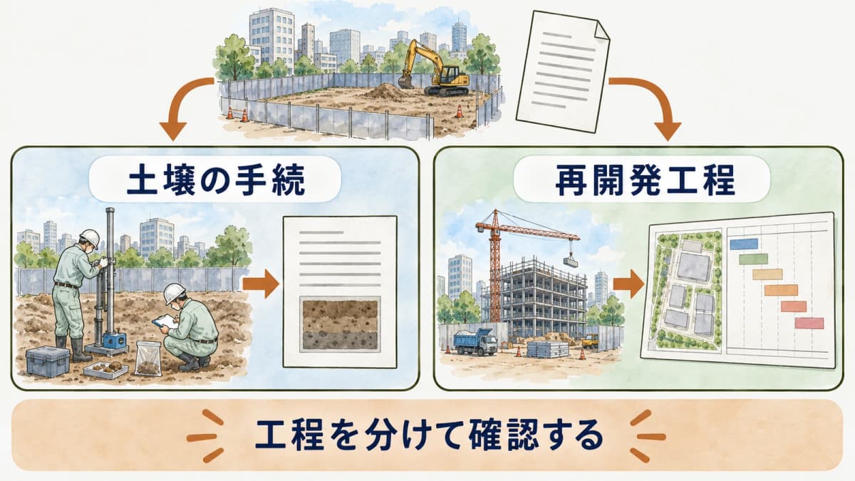 土壌の手続と周辺の再開発工程を分ける図