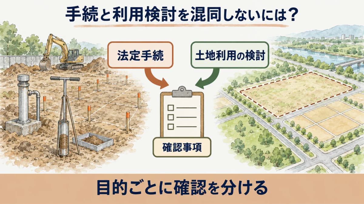要措置区域の法定手続と土地利用の検討を分ける図