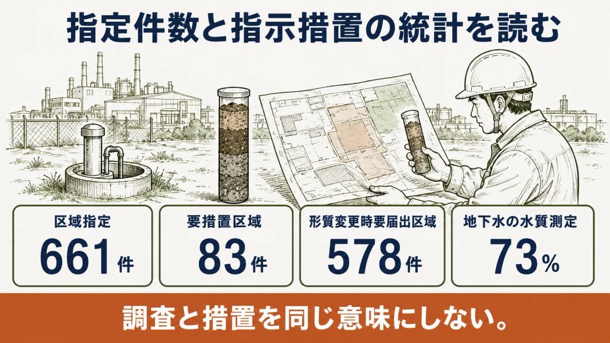 柱状の土壌サンプルと観測井戸を描き調査結果と措置を分けて読む統計図