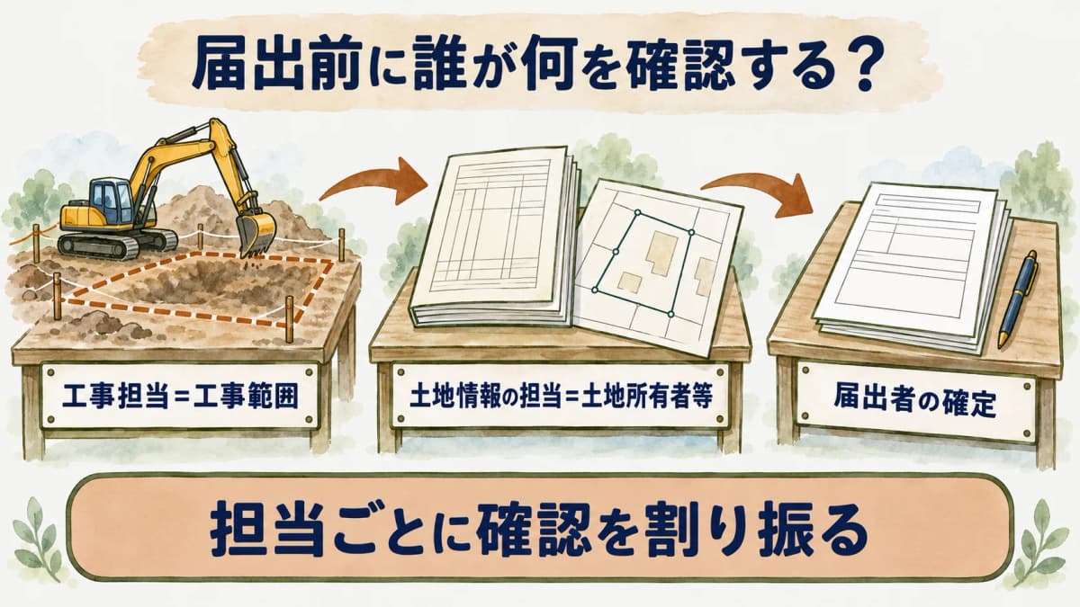 工事担当と土地情報の担当が確認する順序を示す図