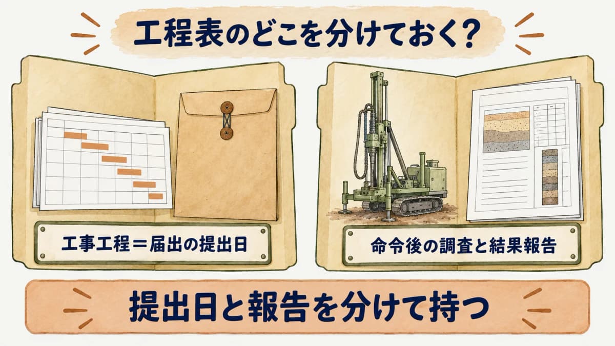 工事工程と調査命令後の手続を分ける図
