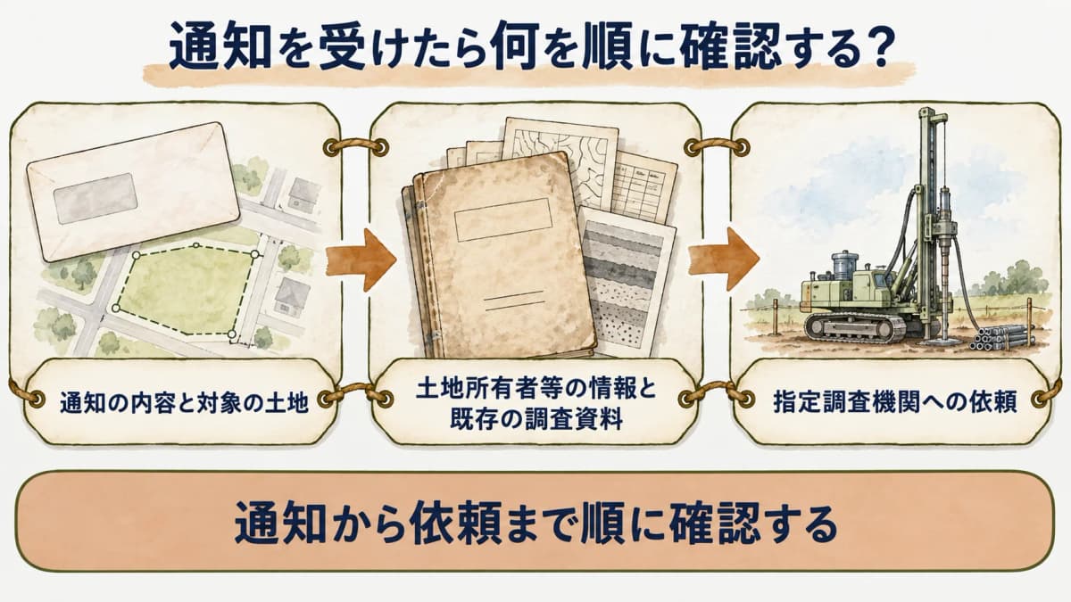 通知から指定調査機関への依頼までの確認順を示す図