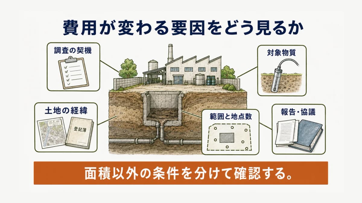 費用の前提となる土地の経緯と調査範囲を分解する図