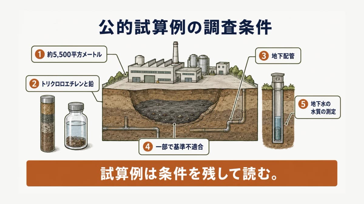 公的試算例の敷地条件と地下配管と調査地点を示す図