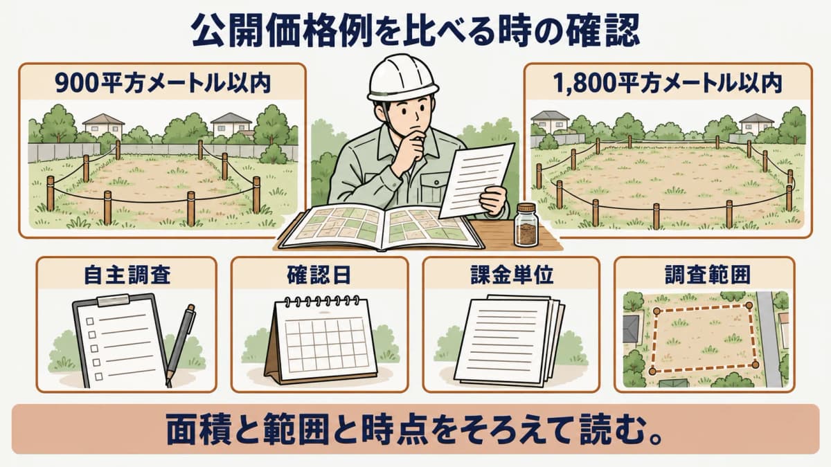 公開価格例の面積と調査範囲と確認日を分けて読む図