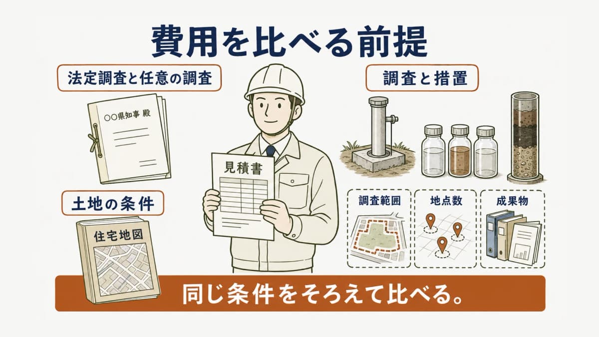 法定調査か任意調査かと調査と措置を分けて費用比較の前提を確認する図