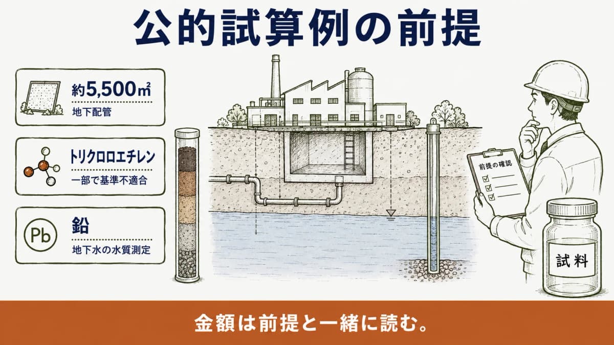 工場敷地と地下ピットと観測井戸を描き公的試算例の前提を示す図