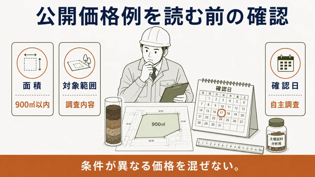 柱状の土壌サンプルと面積条件を照合して公開価格例を読む調査員