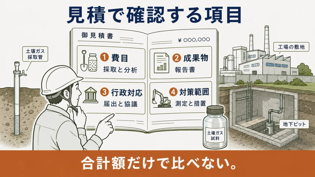 分析用ガラス瓶と見積書を並べて費目と成果物を確認する図