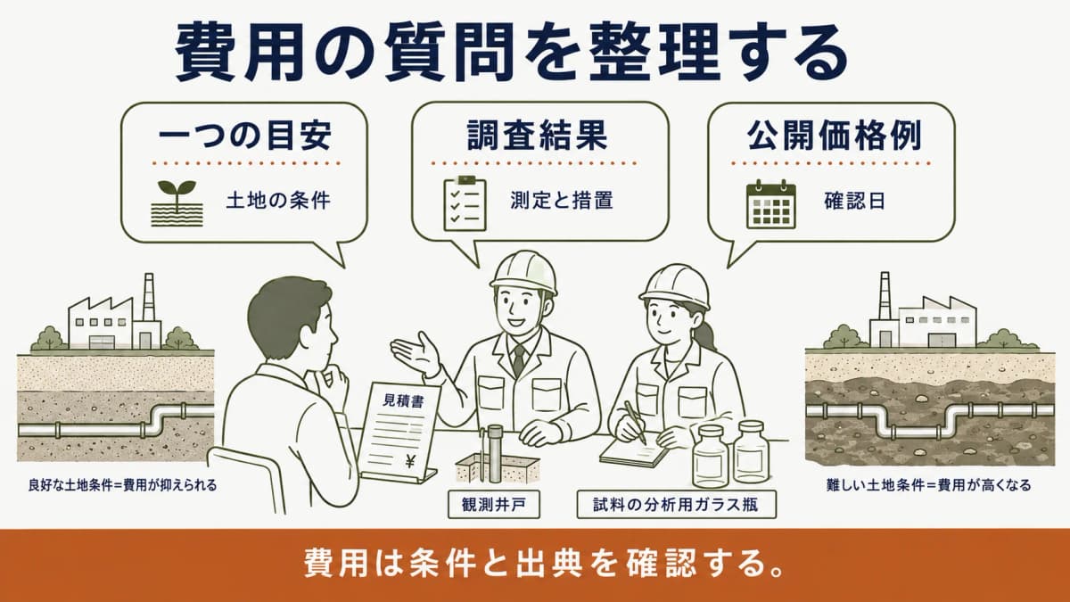 土壌ガスの採取管と費用の質問を整理する手描きの相談場面