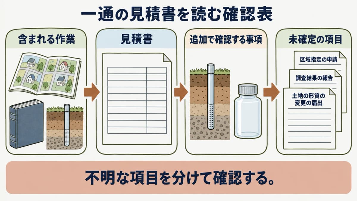 見積書の記載を含まれる作業と追加で確認する事項と未確定の項目に分ける確認表