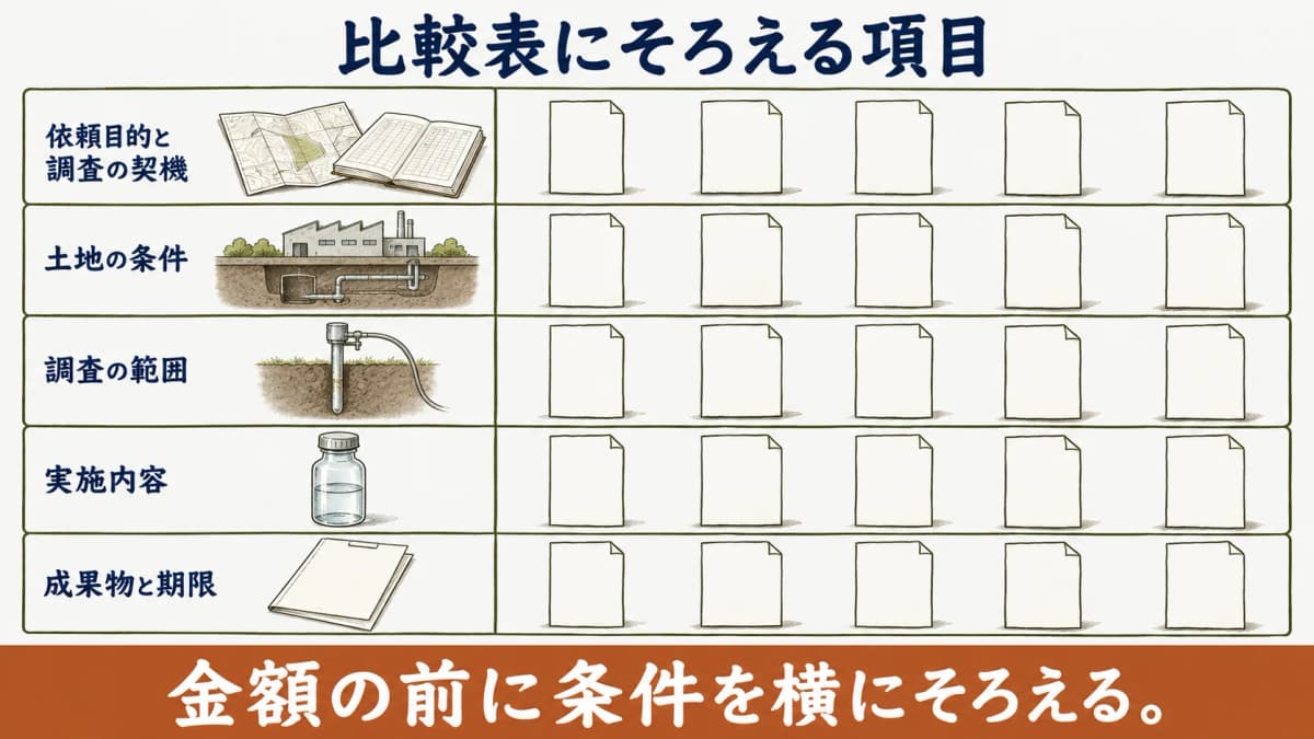 面積と地歴と調査範囲を複数見積でそろえる比較表の図