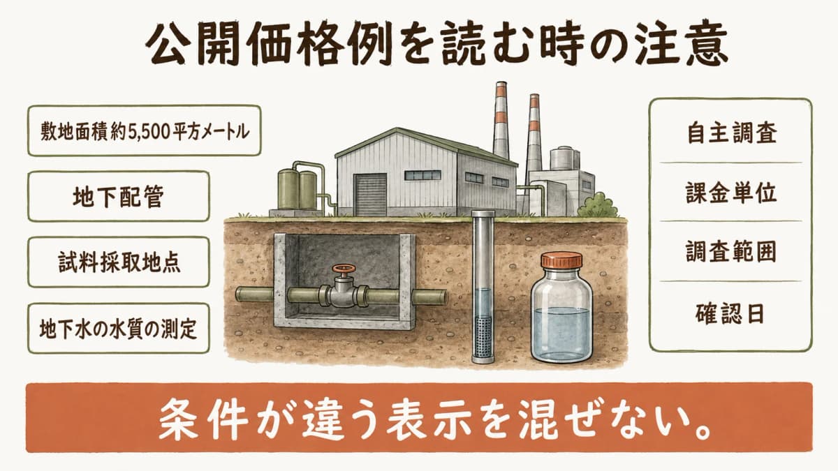 公開価格例の課金単位と調査範囲と確認日を分ける図