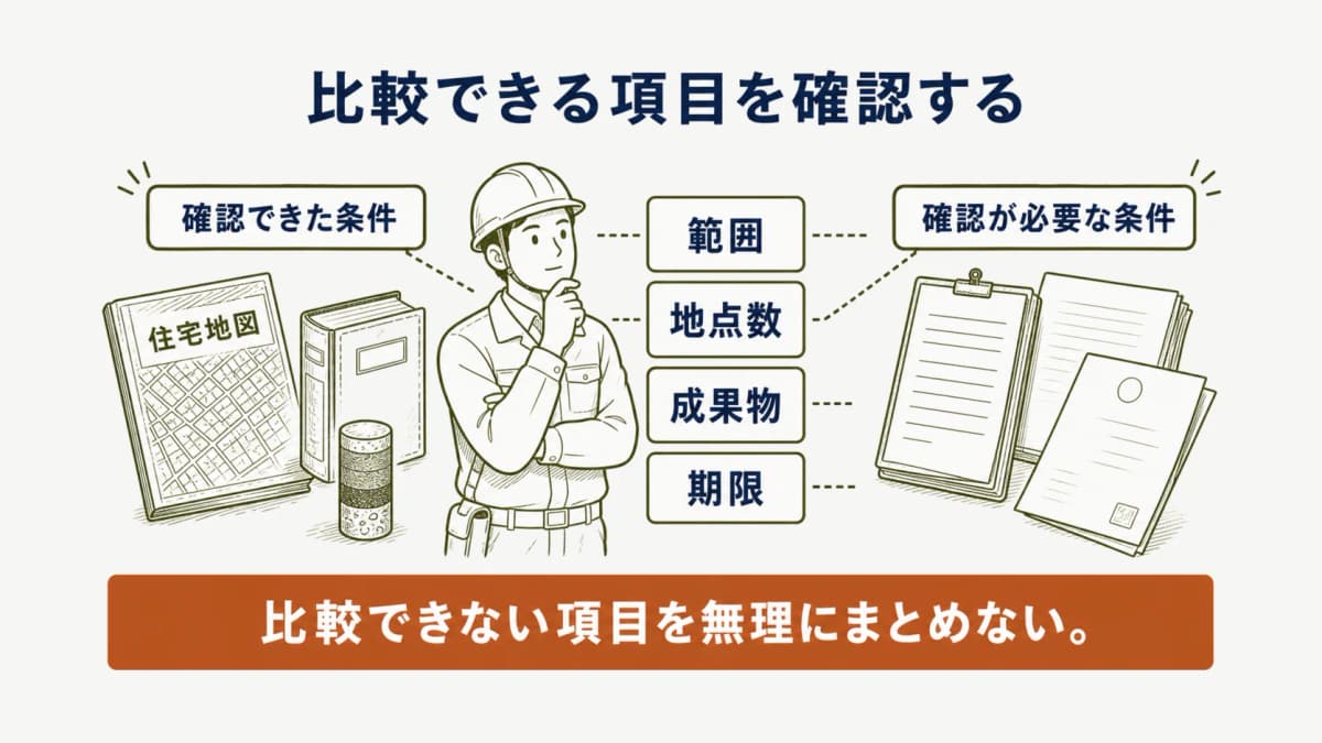 複数の見積で比較できる項目と別扱いにする項目を示す作業表