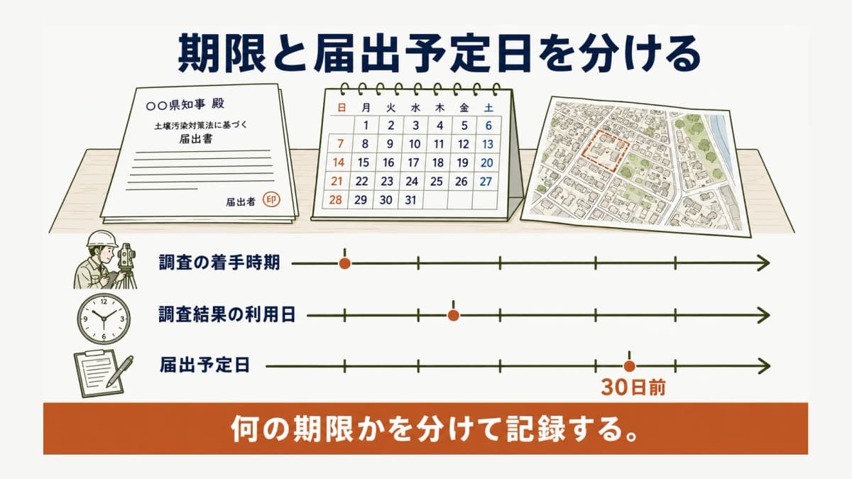 工事予定日と届出予定日と調査結果の利用日を分ける工程図