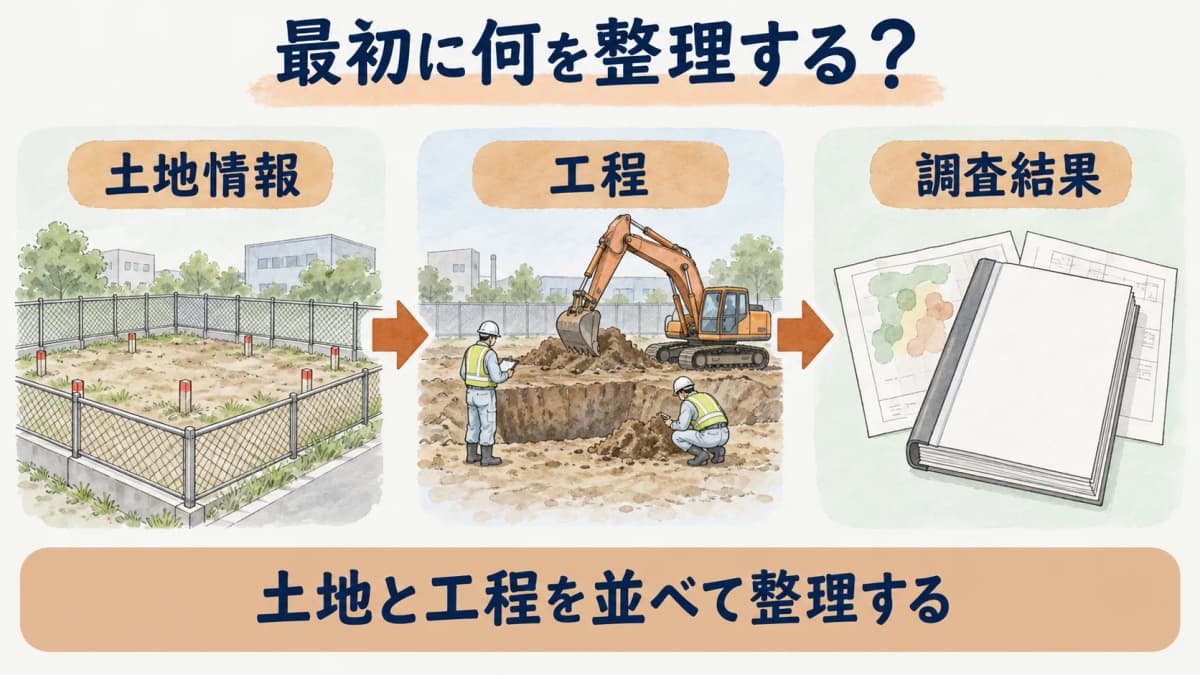 調査結果後に整理する土地情報と工程を示す図