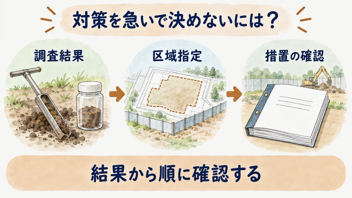 結果後に確認する順序と措置件数の見方を示す図
