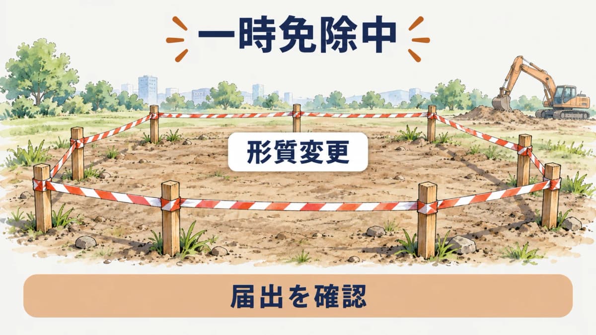 一時免除中の土地と形質変更の届出を示す図