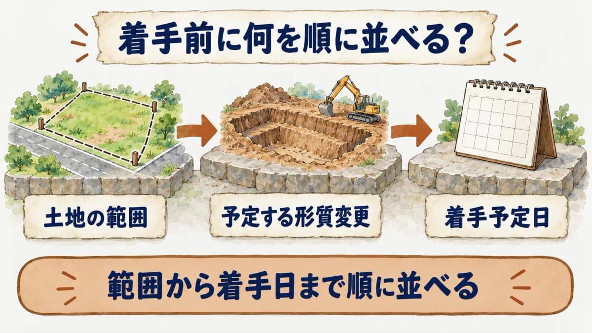 土地の範囲から着手予定日までの確認順を示す図